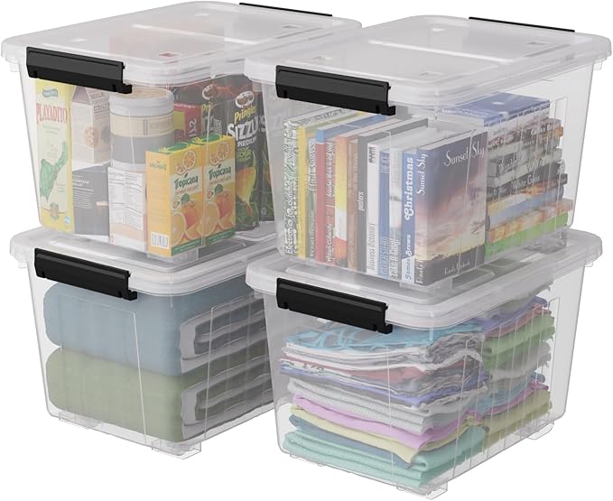 4-Pack 30 Liter Clear Latch Storage Box Large Plastic Storage Bins with Wheels