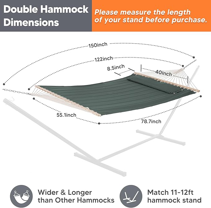 SUNCREAT Hammocks Replacement Hammock for Stand 475 lbs Capacity Two Person Backyard Hammock for Outside Green Gray