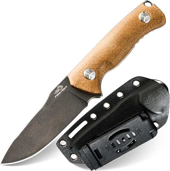 Fixed Blade Knife with Kydex Sheath &amp Clip 3.9 8CR Steel Blade Micarta Handle Full Tang Camping Knife for Outdoor Adventures Bushcraft Survival Hunting Hiking FX01 (Brown)