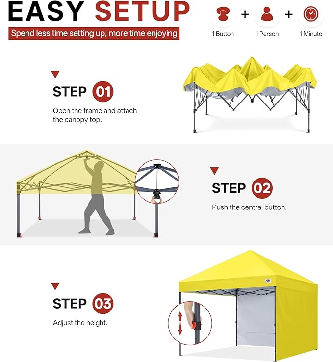 ABCCANOPY Easy Pop up Canopy Tent with 2 Sidewalls for Outdoor Sun Blocking or Rain Protection10x10 Yellow