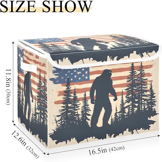 Sasquatch America Poster Storage Cube Bins Basket with Lid Collapsible Flip-top Fabric with Handle for Home Bedroom Closet Office 16.5×12.6×11.8 in