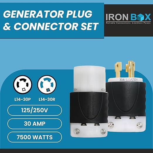 IronBox Electric L14-30P + L14-30R Generator Plug &amp Connector Set - 30A 125/250V 4-Prong for 7500W Generators - Twist Lock Adapter - UL Listed Electrical Connectors for Power Backup (Pack of 1)