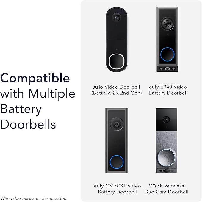 Wasserstein Doorbell Solar Charger with Built-in Battery Compatible with Arlo Video Battery Doorbell 2K (2nd Gen) WYZE Wireless Duo Cam &amp eufy E340/C30/C31 Doorbell (2.5W)
