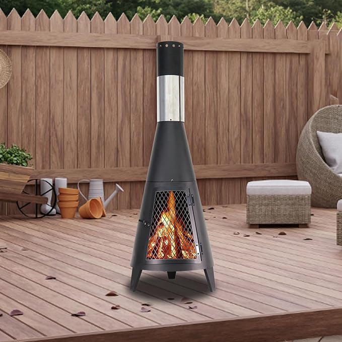 BDL Chiminea Outdoor Fireplace Outdoor Wood Burning Fire Pit Free Standing Fireplace with Log Grate Mesh Screen for Patio Backyard Garden-Black
