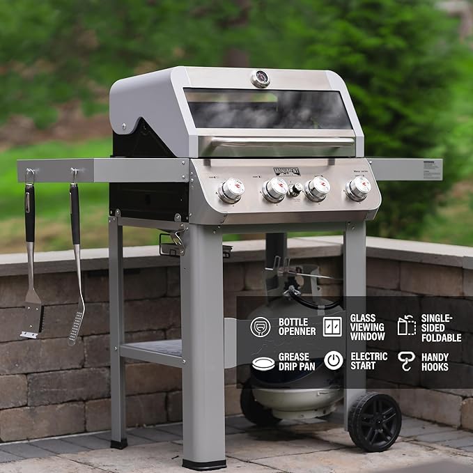 Monument Grills 4-Burner Liquid Propane Gas Grill Silver Stainless Steel Grill Patio Garden Barbecue Grill with Clearview® Lid and One Foldable Shelf Mesa400MF with BBQ Cover