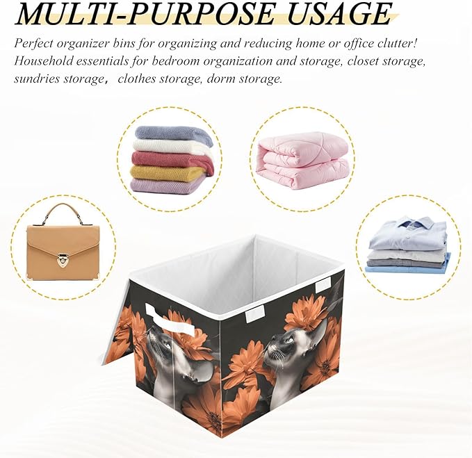 AIXIWAWA Lidded Storage Cube (Floral Cats) Fabric Foldable Closet Bins with Flip Lid and Handles Organizer Basket Container 16.5 x 12.6 x 11.8 IN