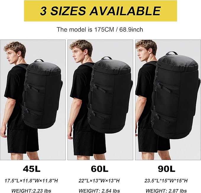 Large Travel Duffle Backpack for Men Women with Straps 45L/60L/90L Waterproof Gym Duffel Bag with Shoes Compartment for Hiking Camping Gym Overnight (90L)