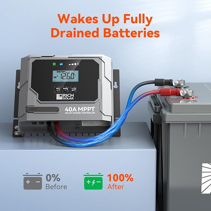 RICH SOLAR Bravo 40 | 40A MPPT Solar Charge Controller with Bluetooth – 12V/24V Auto-Detect Lithium &amp Lead-Acid Battery Support for RVs Campers &amp Off-Grid Systems