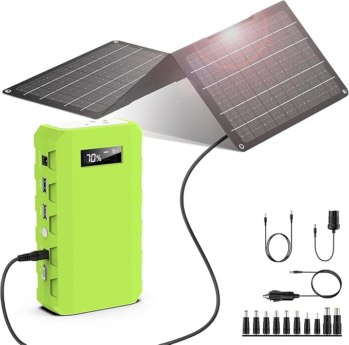 powkey 24000mAh/65W Solar Generator 30W with Panels Included 88Wh Portable Power Station with AC Outlet Lithium Battery Rechargeable Powered Bank with 110V AC Outlet for Emergency (Green+Black)