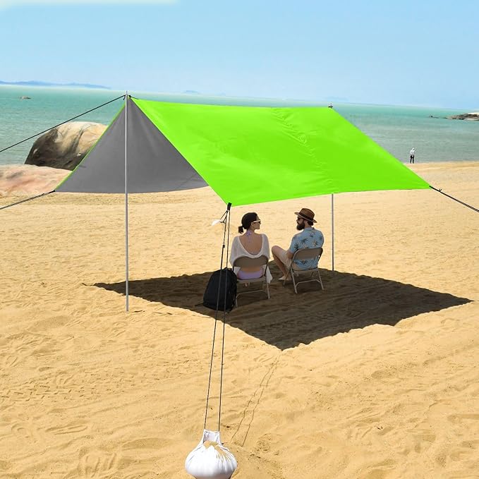 Lawn Green Foldable Beach Canopy UPF50+ Water-Resistant Sun Shelter with Sandbags and Shovel for Camping Picnics Backyard &amp Fishing