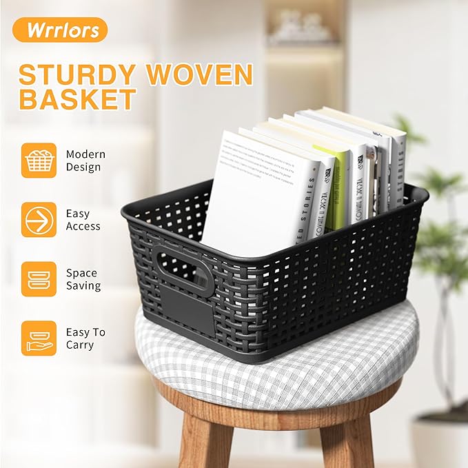 Black Plastic Storage Baskets - Pack of 8 with Labels Stackable Durable Storage Bins Storage Containers for Organizing Desktops Closets Playrooms Classrooms Offices