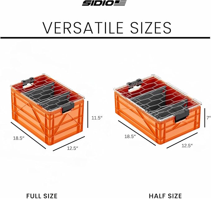 SIDIO CRATE Starter Pack - Two Full Size and One Half Size SidioCrate Stackable Outdoor Organizer Storage Bins with Clear Lid and Dividers - Orange