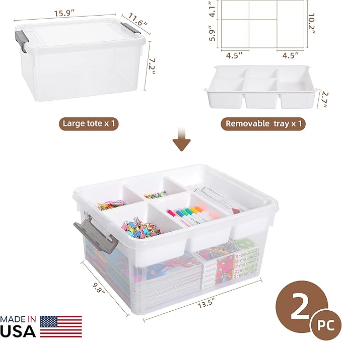 Citylife 17 QT Plastic Storage Box with Removable Tray Craft Organizers and Storage Clear Storage Container for Organizing Bead Tool Sewing Playdoh 2 Packs