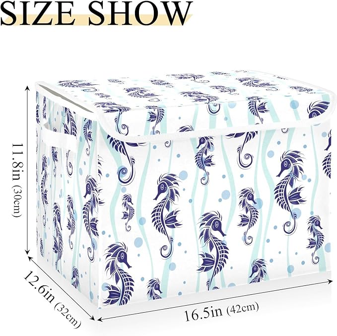 susiyo Large Foldable Storage Bin with Flip-Top Lid Blue Seahorse Storage Box Collapsible Closet Organizer Containers Boxes Decorative Baskets with Handles for Home Bedroom Living Room Office
