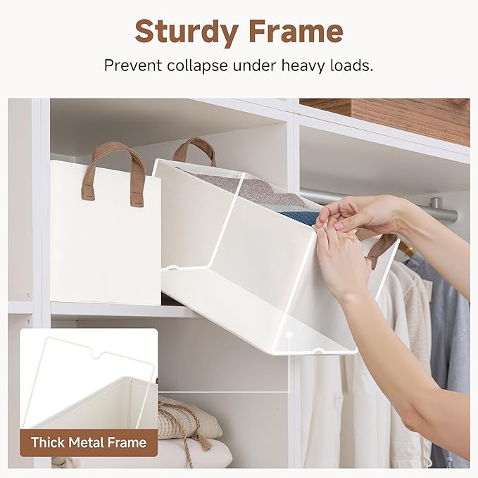 StorageWorks Storage Bins Fabric Storage Bins for Shelves Storage Baskets with Metal Frame Closet Baskets and Bins with Handles Beige 2-Pack