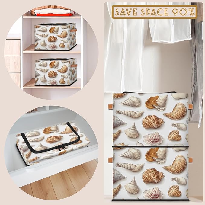 Seashell Storage Box with Lid Ocean Theme Collapsible Storage Bins Baskets Cubes Closet Shelf Clothes Organizer Containers with PU Leather Handles