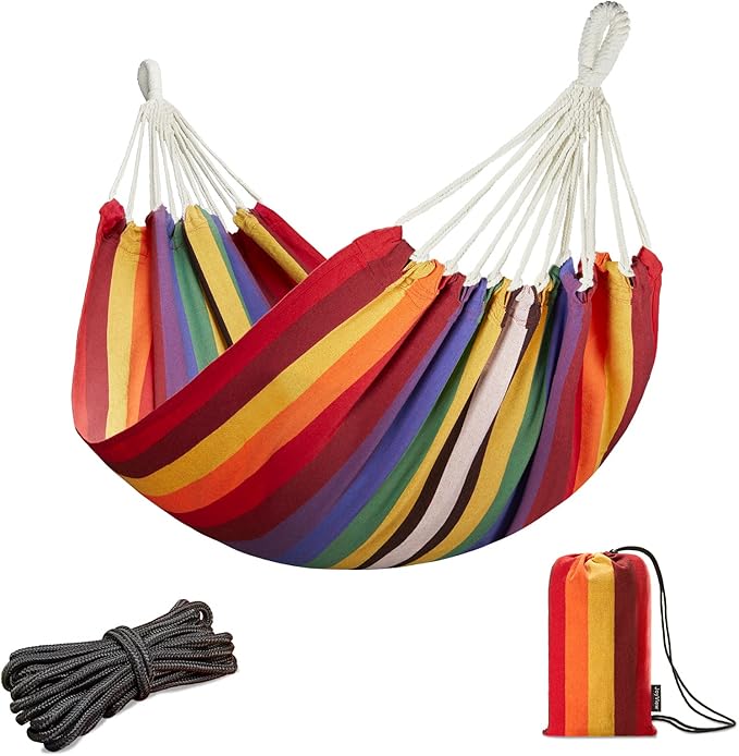 JoyView Brazilian Hammock for Single Person Portable Hammock with Hanging Ropes &amp Carry Bag Large 78.8x39.4” for Patio 300LBS Capacity Perfect for Outdoor/Indoor - Red Stripes