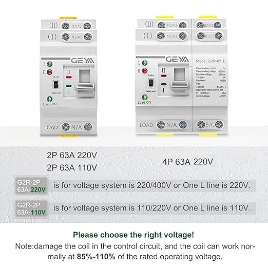 GEYA Mini ATS Dual Power Automatic/Manual Transfer Switch Over &amp Under Voltage Protection Solar Auto Switch Uninterrupted Power Din Rail(2Pole-63A-AC110V)