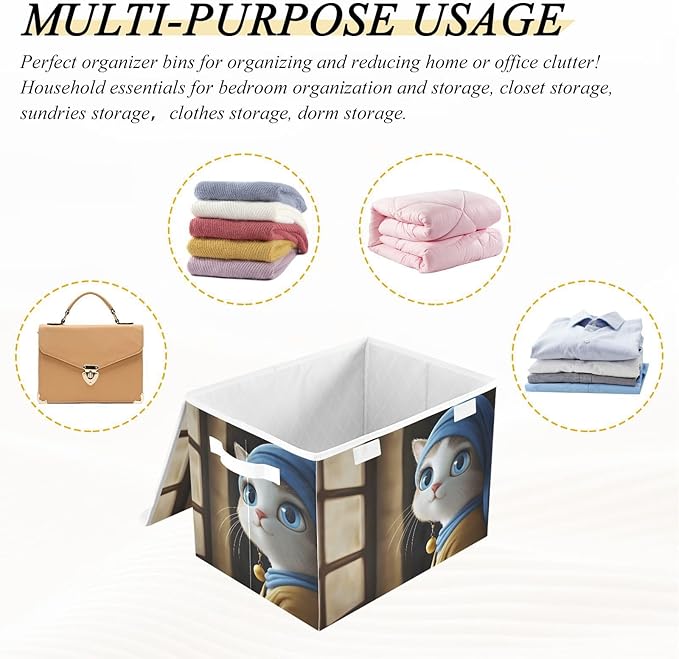 AIXIWAWA Lidded Storage Cube (Cat Lady Portrait) Fabric Foldable Closet Bins with Flip Lid and Handles Organizer Basket Container 16.5 x 12.6 x 11.8 IN