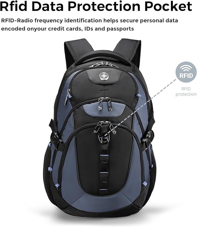 Swissdigital Design Laptop Backpack with USB Charging Port Travel Backpack Fits 15.6 inches Computer 31L College School Backpack for Men Haze Blue/Black | SD803-16