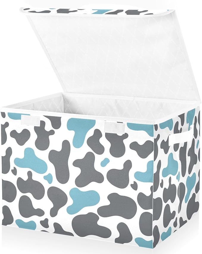 Milk Cow Print Lidded Home Storage Bins Closet Storage Bins Foldable Oxford Fabric Storage Box for Home Bedroom Closet Office (16.5x12.6x11.8 in)