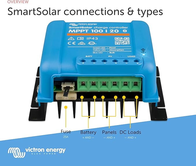 Victron Energy SmartSolar MPPT Solar Charge Controller (Bluetooth) - Charge Controllers for Solar Panels - 100V 20 amp 48-Volt