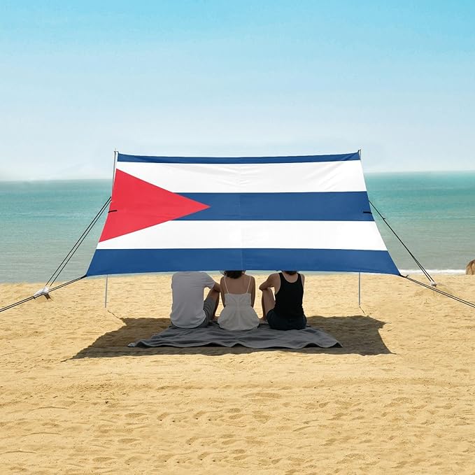 Cuba Flag Foldable Beach Canopy UPF50 Waterproof Large Portable Sun Shelter with Sand Shovel Sandbags for Family Trips Picnics &amp Camping