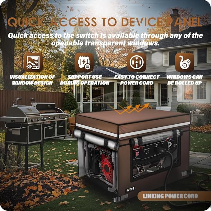 Running Generator Cover. 32L×24W×24H Generator Cover Top Can Be Opened for Refueling 900D+210D Heavy Duty Waterproof PVC Transparent Visual Operation Window Coffee