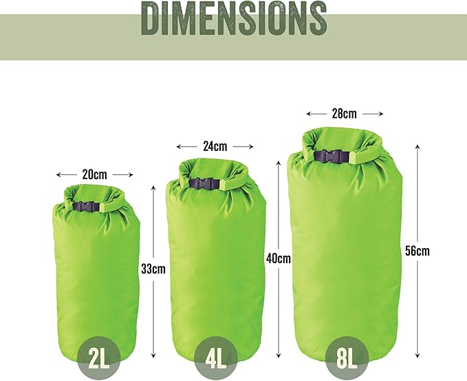 Milestone Camping Waterproof Dry Bags / Single Bag Or Set Of 3 / Roll Up Close / Easy To Spot Bright Green Or Orange Design / Great For Camping Fishing Skiing &amp Hiking Trips