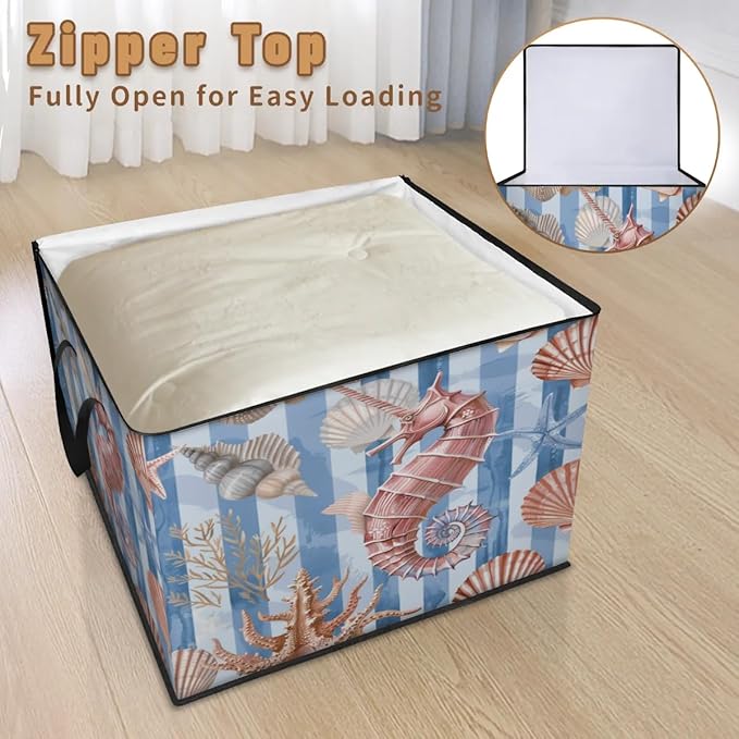 XL Large Clothes Storage with Lid Handle Starfish Shell And Seahorse Large Thick Clothes Blanket Storage Containers for Organizing Bedroom Closet Comforter Organization Storage Beach Theme