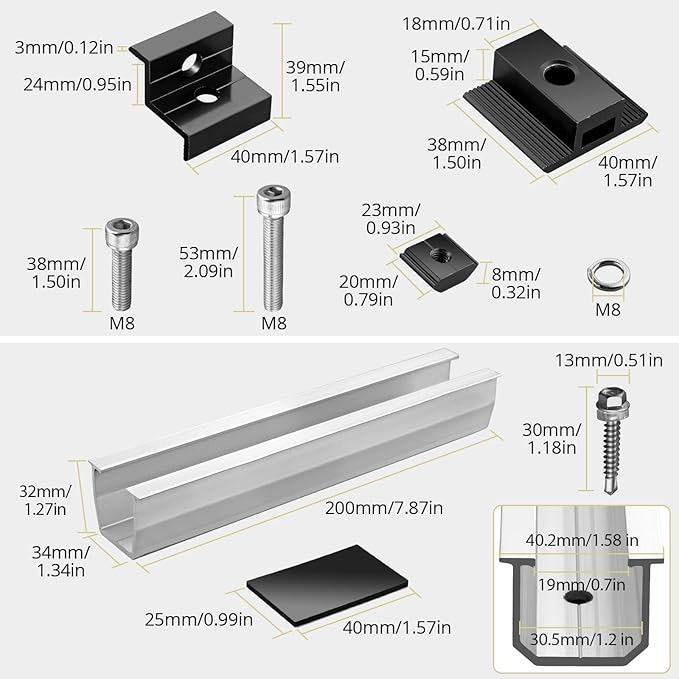 Anbte 6Pcs Solar Panel Bracket Kit Aluminium Solar Panel Roof Mounting Kit 7.87 Mounting Rail 30mm/35mm Solar Panel Mounting Brackets for Metal Roof Tin Roof Flat Roof Sheet Roof