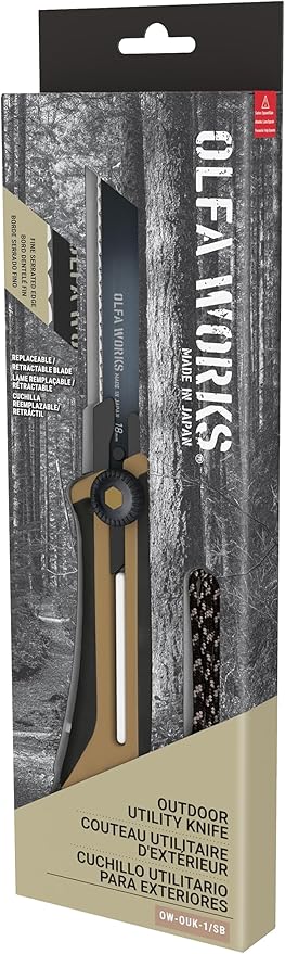 OLFA WORKS OW-OUK-1/SB Outdoor Knife Fine Serrated Edge Blade for Confident Cutting - Multi Purpose Outdoor Knife Designed to Handle Slippery Materials like Rope Plastic and Canvas - Ratchet-wheel