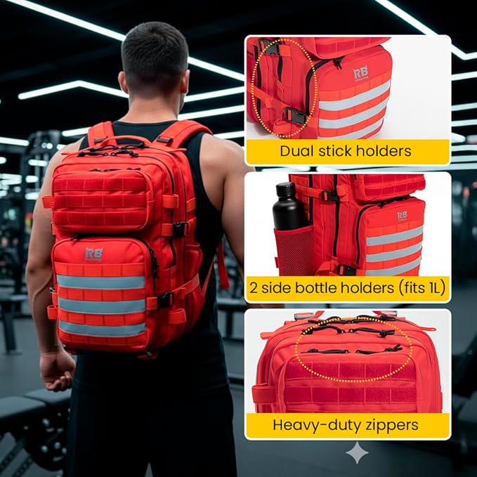 riderbag Xtreme 30L Tactical Carry-On Backpack for Airplanes Work Gym and Team Sports with 16 Inch Laptop Sleeve Stick Holder Recycled rPET Fabric Rain Cover (red)