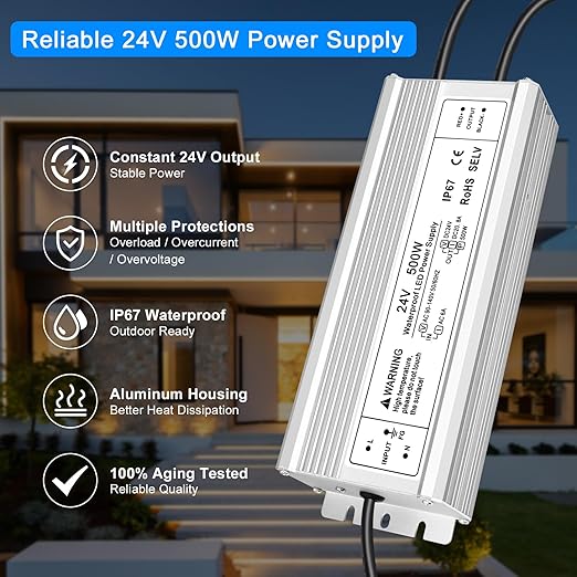 24V 500W LED Power Supply IP67 Waterproof LED Driver AC 110V to DC 24 Volt 20.83A Low Voltage Transformer Converter for Outdoor LED Lights Lighting Projects &amp Industrial 3-Prong Plug &amp 3.3