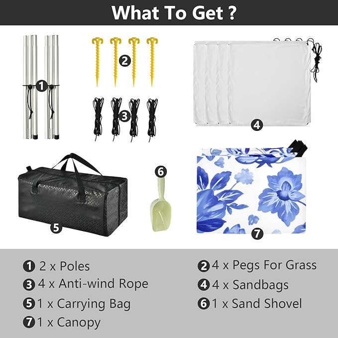 Beach Canopy with Windproof Ropes &amp Sandbags Beach Tent Sun Shade Sun Shelter for Camping Trips Fishing Backyard Fun or Picnics Blue Flowers