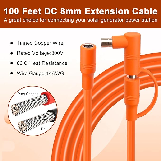 MOOKEERF 14AWG DC 8mm Extension Cable for Solar Panel 100FTDC7909 Solar Panel Cable Female to Male with DC8020 Male Adapter Compatible with AkerGZ YetiBLUETTJackery Portable Power Station-100 Foot