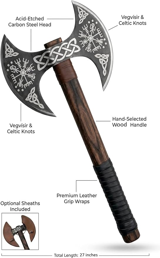 FORGE HIDE - Double Headed Viking Axe 27 High Carbon Steel Norse Dane Axe with Ash Wood Straight Shaft Scandinavian Nordic Axe Leather Scabbard Gift for Men
