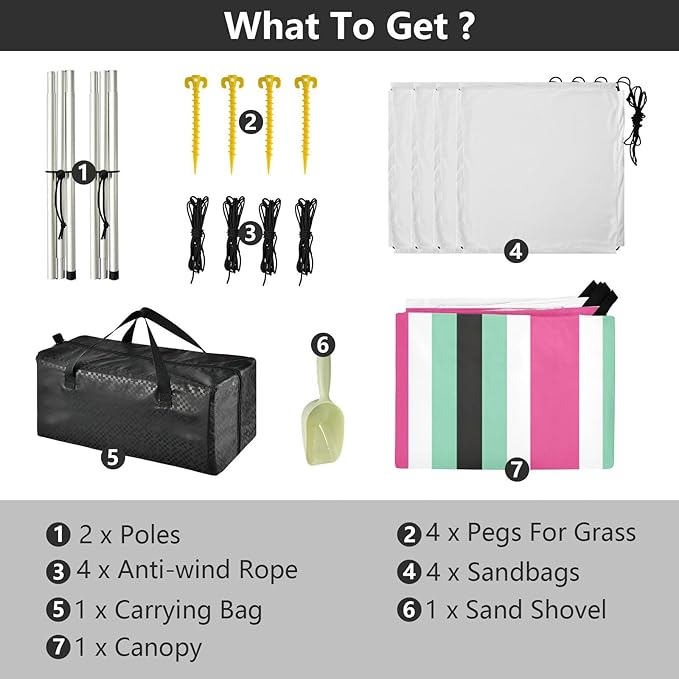 Beach Canopy with Windproof Ropes &amp Sandbags Beach Tent Sun Shade Sun Shelter for Camping Trips Fishing Backyard Fun or Picnics Stripes
