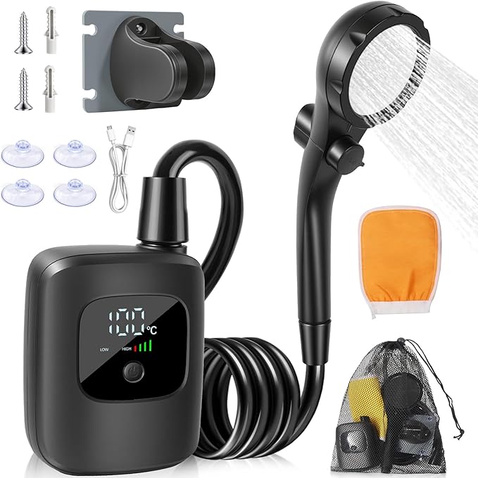 HEEPDD Portable Camping Shower Compact Outdoor Shower Kit Rechargeable with Digital Power and Temperature Display for Camping Beach Travel Pet