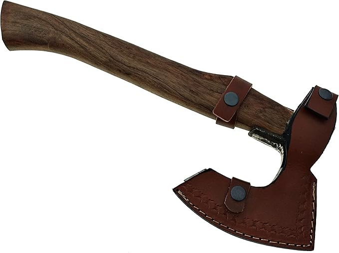 15 Inch long Bearded hiking Axe Carbon steel blade with laser etching Easy grip Rose wood round handle Leather sheath included