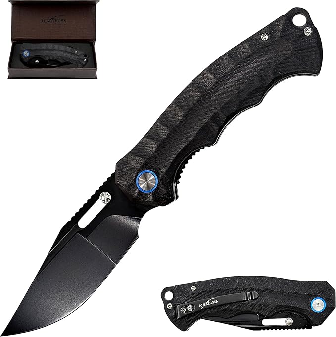 ALBATROSS Ultra-Light All Black EDC Knife 2oz D2 Steel Blade G10 Handle Liner Lock Thumb Hole Pocket knives for Mother's Day Father's Day Birthday Gift Box