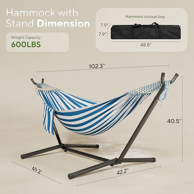 600lbs Hammock with Stand for Outside 2 Person Portable Hammock with Side Storage Carrying Bag Expend Wooden Bar for Outdoor or Indoor (Blue White)
