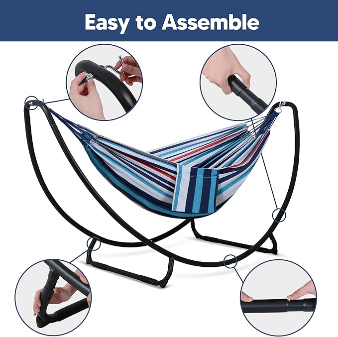 SUNCREAT 2 Person Hammock with Stand Space Saving Free Standing Hammock with Stand Included Patent Pending Blue Red