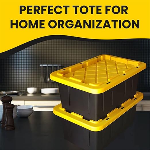 Juggernaut Storage 4 Pack Plastic Tote with Lid for Organization 5 Gallon Black/Yellow