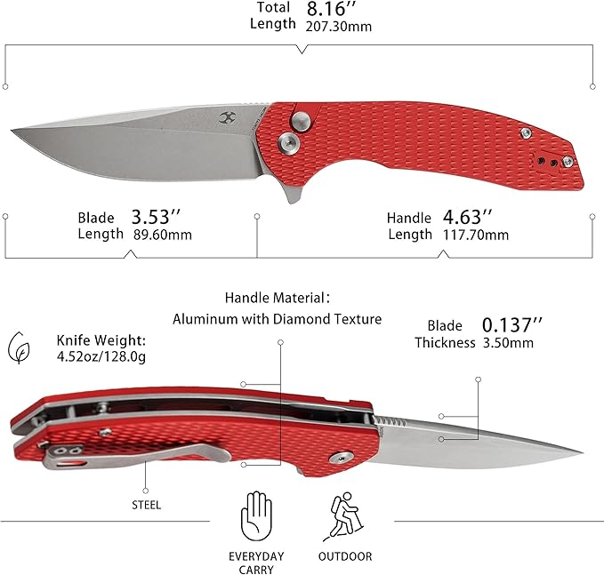 KANSEPT Accipiter Pocket Knife 3.53 Stonewashed 14C28N Blade Red Anodized Aluminum Handle Flipper Open &amp Button Lock with Deep Clip EDC Folding Knives for Camping Hunting Survival T1007F3