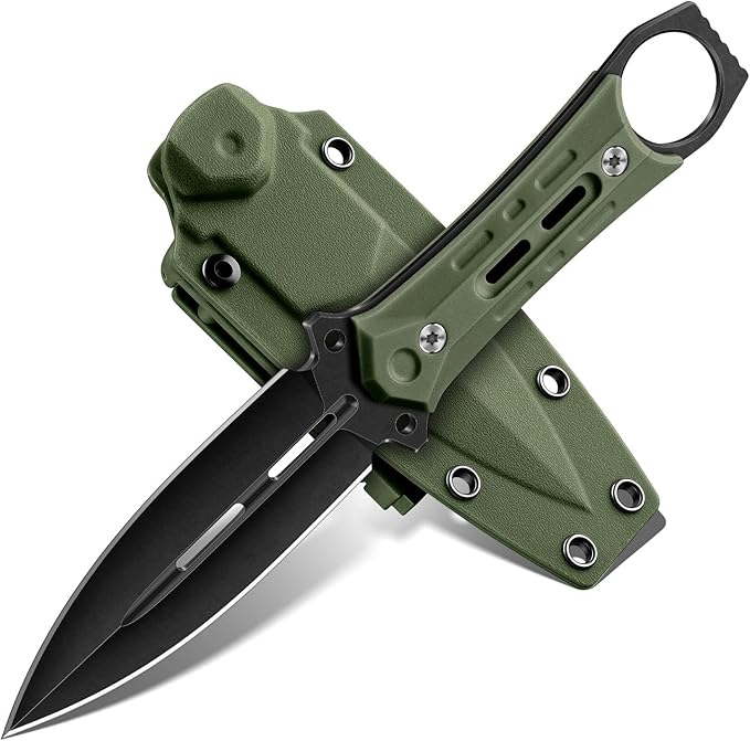 Freelander Fixed Blade Knife with Sheath - D2 Steel Camping Knife with Anti-Slip Grip Full Tang Survival Knives for Bushcraft &amp Outdoor Adventures Gift for Men Green
