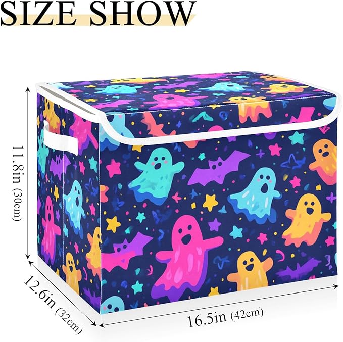 Neon Halloween Ghosts Stars Bats Storage Box with Lid 1 PC Foldable Storage Bin with Lids Stackable Storage Bins Cube Closet Organizer Basket with Flip-Top Lid &amp Handles for Shoes Books Towels