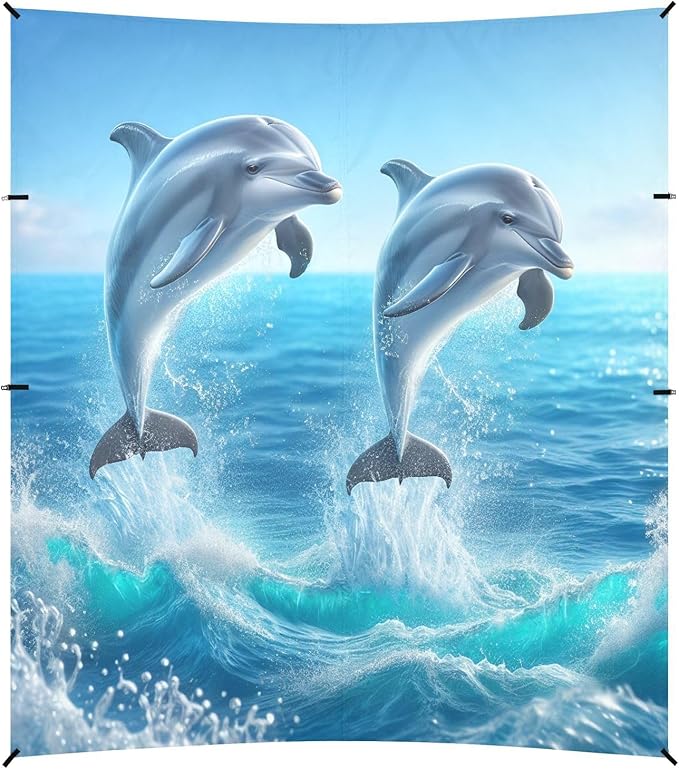 Sea Jumping Dolphins Beach Tent Sun Shelter Set UPF50+ UV Protection 10.5 x 9.19 FT Camping Shade Canopy with Sandbags Sand Anchors Carrying Bag and Others