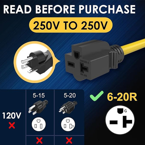 10 AWG Heavy Duty NEMA 14-50p to 6-20R 250 Volt 4-Prong 50 Amp to 20 Amp Adapter T-Blade Compatible with Generator Level 2 EV Charging Wall Socket 10/3 AWG 1FT
