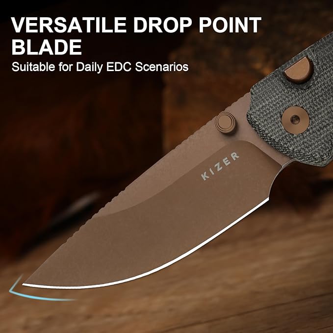 Kizer T1 BD EDC Pocket Knife 3.2 Nitro-V Steel Drop Point Folding Knives with Micarta Handle Thumb Stud Opener Button Liner Lock for Camping Hiking Fishing V3490.2BA2